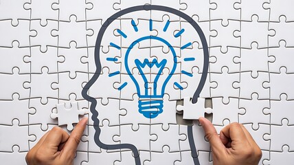 Puzzle head with light bulb symbol representing creative idea and brainstorming

