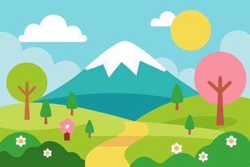 Fototapeta premium Cartoon spring landscape with mountain and path
