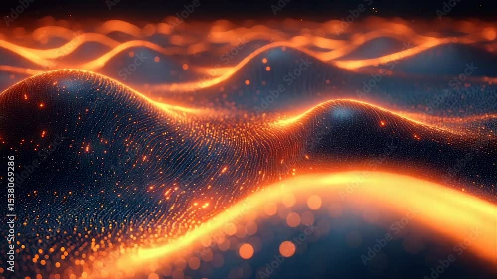 Poster abstract fiery landscape. a dynamic, undulating surface, composed of glowing particles, creates a se