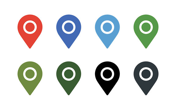 Eight Minimalist Location Pin Icons A Set of Colorful Map Markers for Design Projects