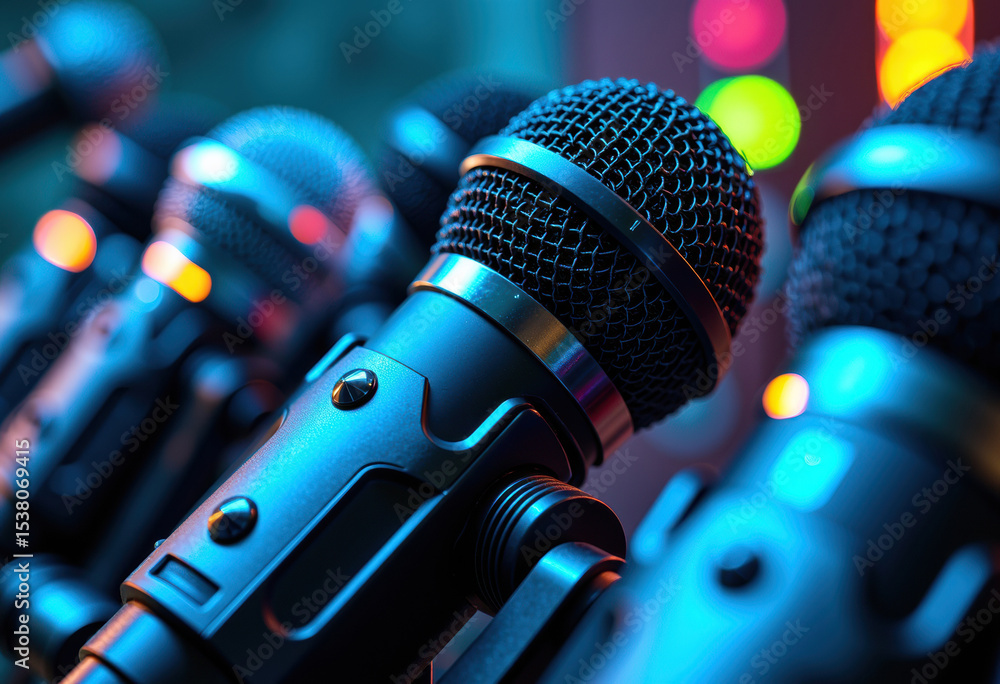Poster close-up of multiple microphones arranged in a row with colorful lights
