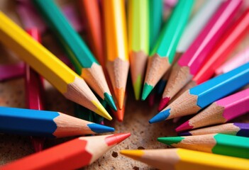 Colorful pencils arranged in a circle on a wooden surface, ready for drawing or coloring