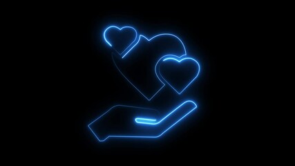 Animated neon hearts floating on hand with glowing blue lines on black background - Powered by Adobe