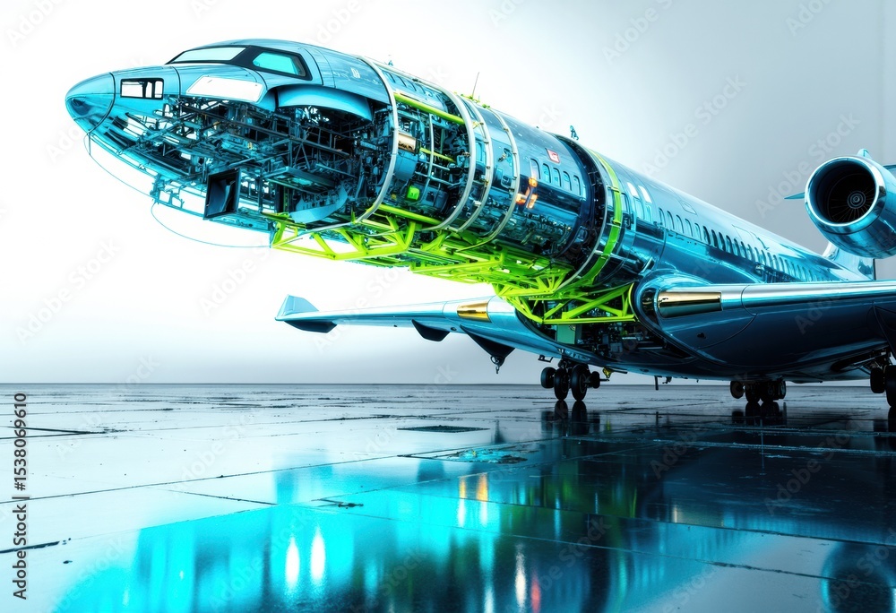 Poster modern airplane with visible internal structure on a reflective runway surface