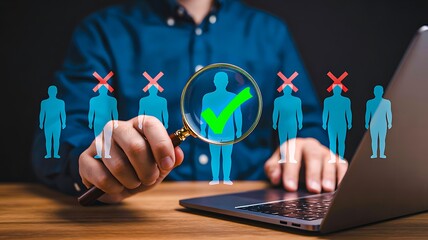 Recruitment and candidate selection with magnifying glass and laptop showing hiring process
