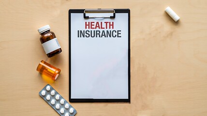 Health insurance document on clipboard with medical pills and bottles on wooden desk
