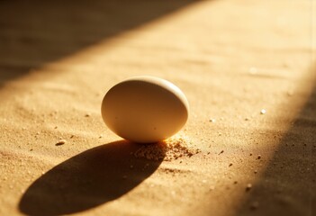 Single egg resting on a sandy surface with warm sunlight and shadow