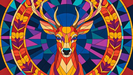 Stained glass style colorful deer head illustration with geometric abstract background
