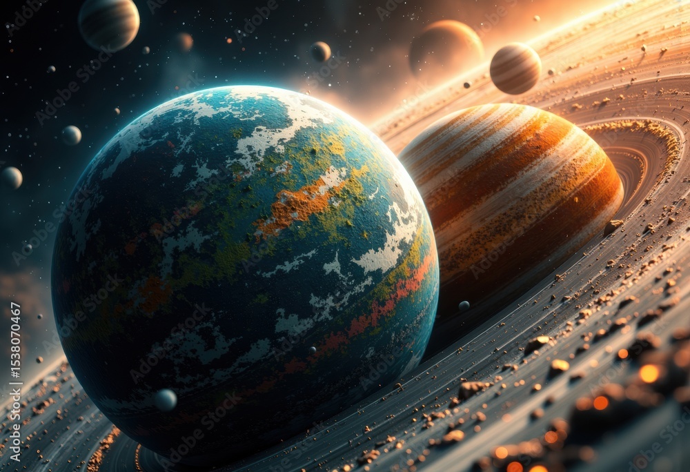 Poster artistic depiction of a distant planet with rings and multiple moons in space