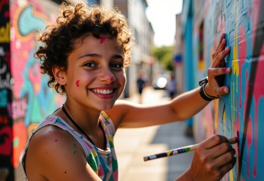 Young artist painting a colorful mural on a city wall, smiling joyfully