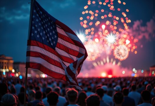 American flag waving in front of a vibrant fireworks display at night