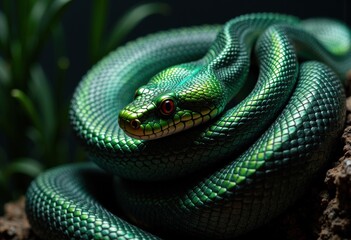 Fototapeta premium Close-up of a vibrant green snake with red eyes coiled on a dark background