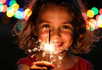 A joyful girl holding a sparkler with colorful bokeh lights in the background