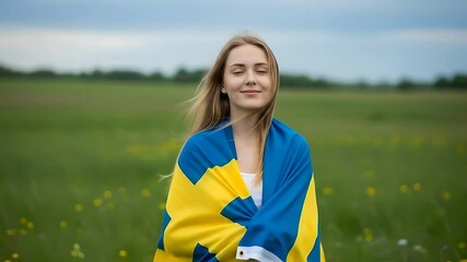 Swedish woman stands wrapped in national flag in field, eyes closed, smiling. Patriotism, pride content. Ideal for cultural celebration, independence day, travel, Scandinavia themes.