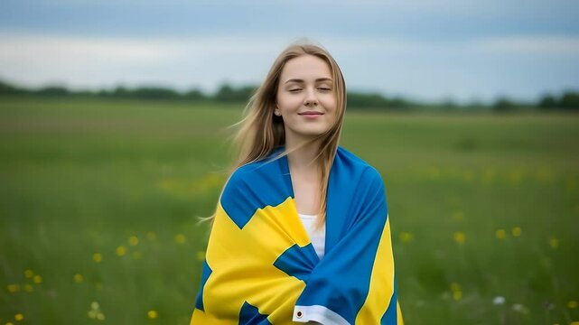 Swedish woman stands wrapped in national flag in field, eyes closed, smiling. Patriotism, pride content. Ideal for cultural celebration, independence day, travel, Scandinavia themes. - Powered by Adobe