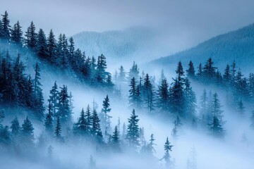 Fototapeta premium Misty mountain landscape showcasing a dense evergreen forest draped in a thick layer of fog, creating a serene and ethereal atmosphere