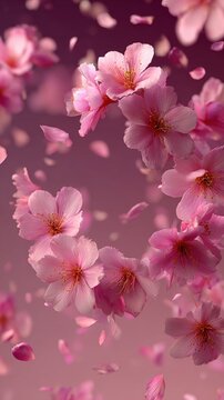 Blooming cherry blossoms with petals gently falling against a soft pink background