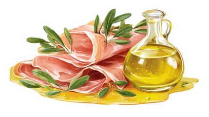Olive oil and prosciutto, sticker design on a transparent background, vector art style, detailed illustration, digital painting, 3D rendering.