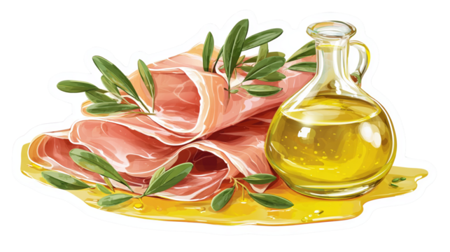 Olive oil and prosciutto, sticker design on a transparent background, vector art style, detailed illustration, digital painting, 3D rendering. - Powered by Adobe