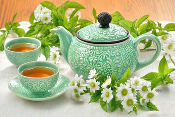 Delicate teal ceramic tea set with flowers.