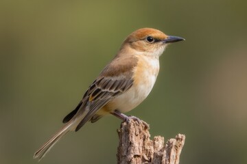 Garrulus glandarius with beige plumage and colorful wings sitting on dry old tree trunk against blurred background