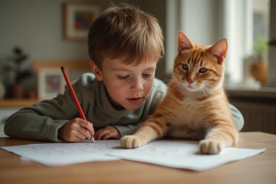 Boy with pencil drawing, playing with cat on dining table