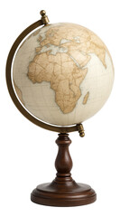 Obraz na płótnie Canvas Antique-style globe with a wooden stand and brass frame showing detailed world map on transparent background.