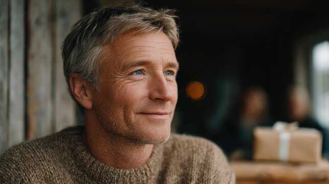 father enjoys quiet moment holding gift at rustic wooden table as people in background are softly out of focus - Powered by Adobe