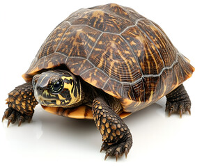 Obraz premium Green sea turtle with a brown shell rests isolated on a white rock in nature