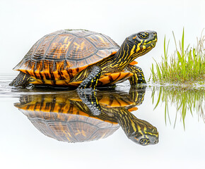 Obraz premium Green sea turtle with a brown shell rests isolated on a white rock in nature