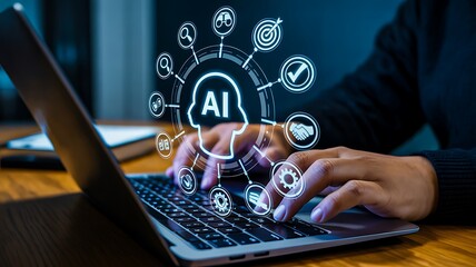 Artificial intelligence interface on laptop with digital icons and user interaction concept
