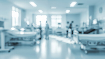 Blurred hospital room with beds and medical equipment in a light blue tone.