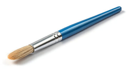 Fototapeta premium Blue Handled Paint Brush Lying Diagonally on White Surface Background – Art Supplies Mockup with Soft Shadow
