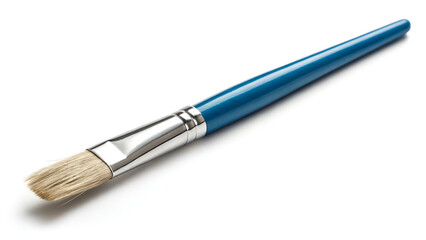 Blue Handled Paint Brush Lying Diagonally on White Surface Background – Art Supplies Mockup with Soft Shadow
