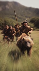 Dynamic scene of a group of hunters chasing a wild animal with spears, motion blur on background