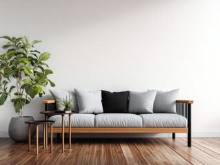 Minimalist living room interior with a light grey fabric sofa, wooden frame, black metal legs, and several grey and black cushions