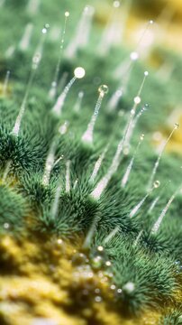 Ecu macro video with slow dolly push-in of vibrant green & white mold actively spreading on textured yellow surface, sharp on intricate tendrils, soft bokeh background, diffused backlighting. Concept