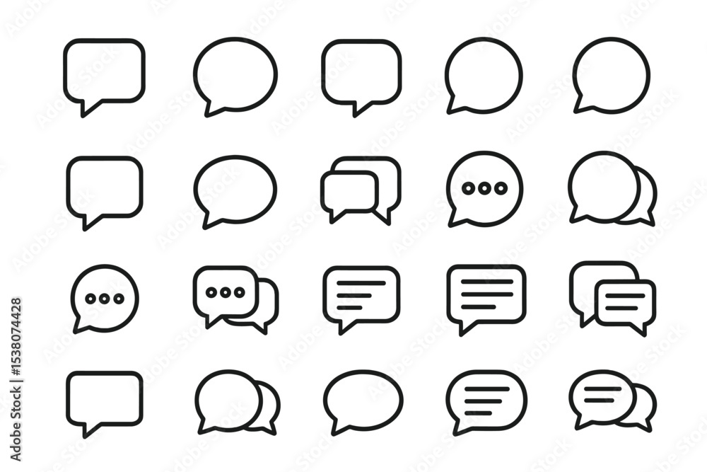 Poster chat and message icons collection featuring various speech bubble designs for communication applicat