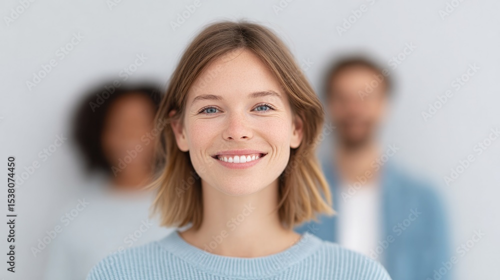 Poster group of diverse people blurred in background with ample copy space for promotional text creating cl