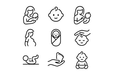 Illustrations of motherhood and infant care depicting various activities and stages of early childhood development