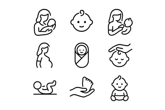 Illustrations of motherhood and infant care depicting various activities and stages of early childhood development
