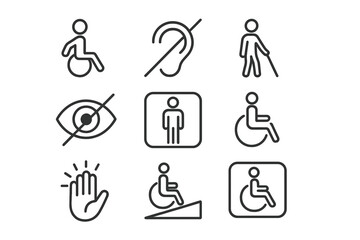 Icons representing various disabilities and accessibility symbols in simple black and white design