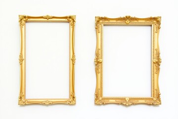 Set of three different empty blank old fashioned gold painting frames antique fancy ornamental cut out stylish vertical golden picture photo frames isolated on white background, objects top front view