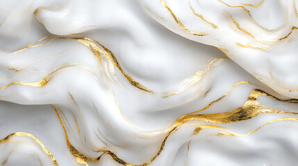 Elegant white fabric with subtle gold veins flows in soft waves, perfect for luxurious designs 