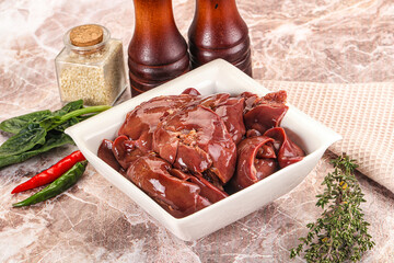 Raw uncokked chicken liver in the bowl