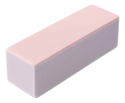 Rectangular pink and white nail buffer block designed for smoothing and polishing nails on transparent background.