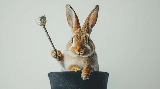 A brown rabbit in a black top hat holding a silver scepter against a plain white studio backdrop look
