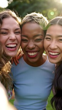 Three diverse young women (caucasian, african-american, asian) laughing uproariously and smiling radiantly, looking into the camera in a sun-drenched park with soft bokeh and lens flares. Concept of