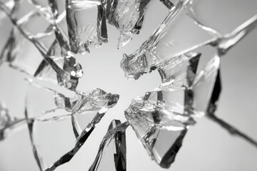 A close-up grayscale shot of shattered glass, radiating outwards from a central point, revealing a bright background.  The shards are sharp and irregularly shaped