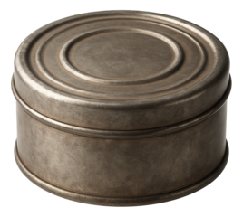 Round vintage metal tin container with a rustic, weathered appearance on transparent background.